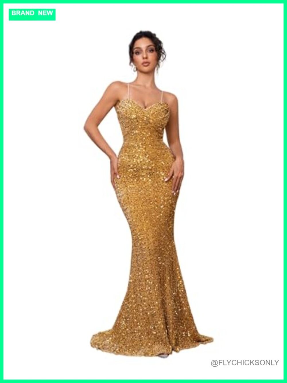 Sequin Mermaid Prom Dress Spaghetti Strap V-Neck Formal Evening Gown